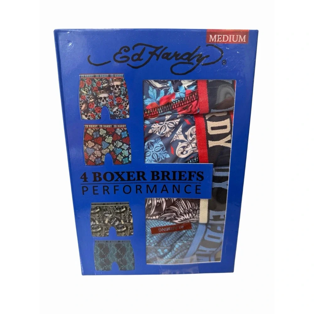 Ed Hardy Men's Performance Boxer Briefs 4-Pack Multicolor Size M NIB